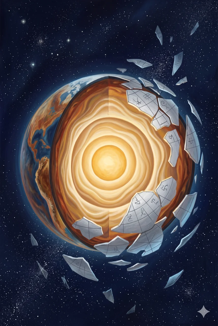 Earth in cross-section with a golden luminous core radiating outward, the old silver overlay visibly dissolving into fragments drifting away into the dark