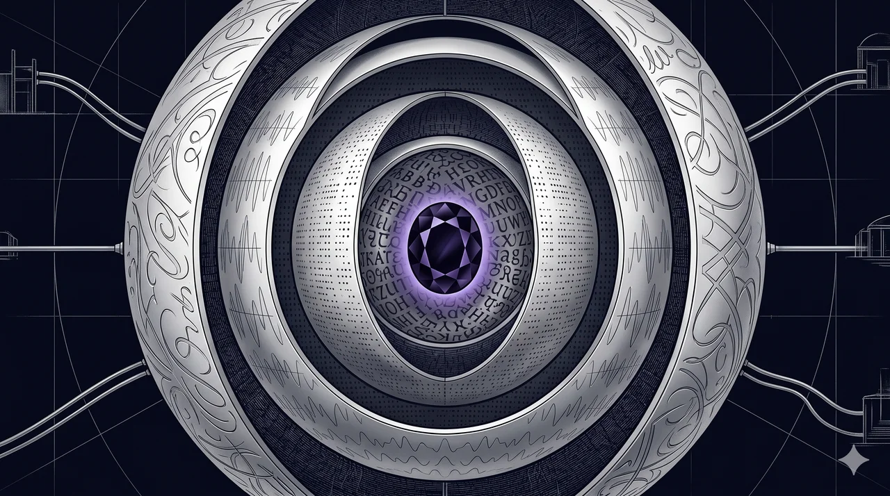 Cross-section diagram of a reactor core with four nested silver spheres labeled light language, vibration, binary, and human code, wrapped around a central creation stone