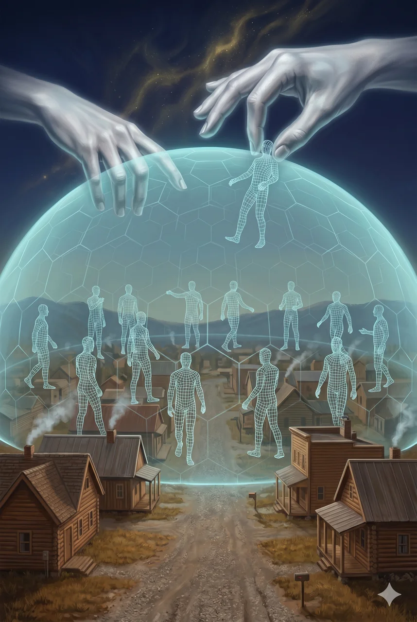A transparent holographic dome superimposed over a small town, with ghostly wireframe figures inside being moved like game pieces by unseen hands above