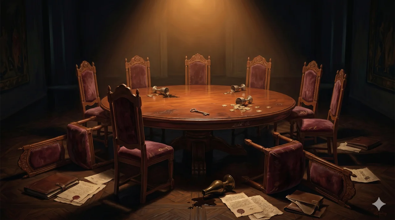 An empty round table in a dim chamber with nine high-backed chairs, some tipped over and others standing vacant, papers scattered across the floor