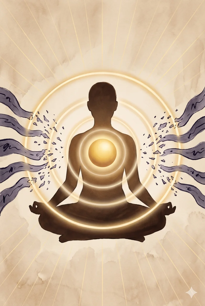 A seated silhouette with a glowing golden sphere centered at the heart, expanding outward in concentric soft rings while darker wave-lines break apart against the sphere's edge
