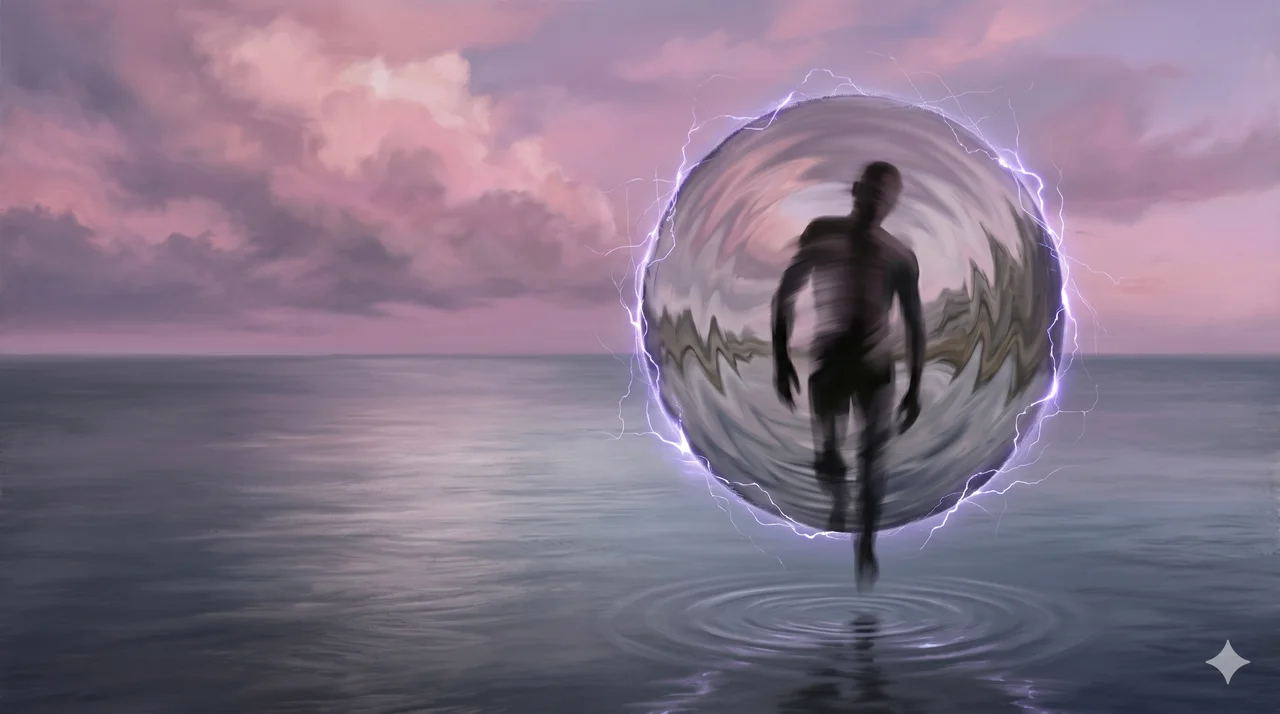 A blurred silhouette emerging from a rippling portal above ocean water at dusk, the figure's arms hanging at impossible angles and its face shifted subtly off-center