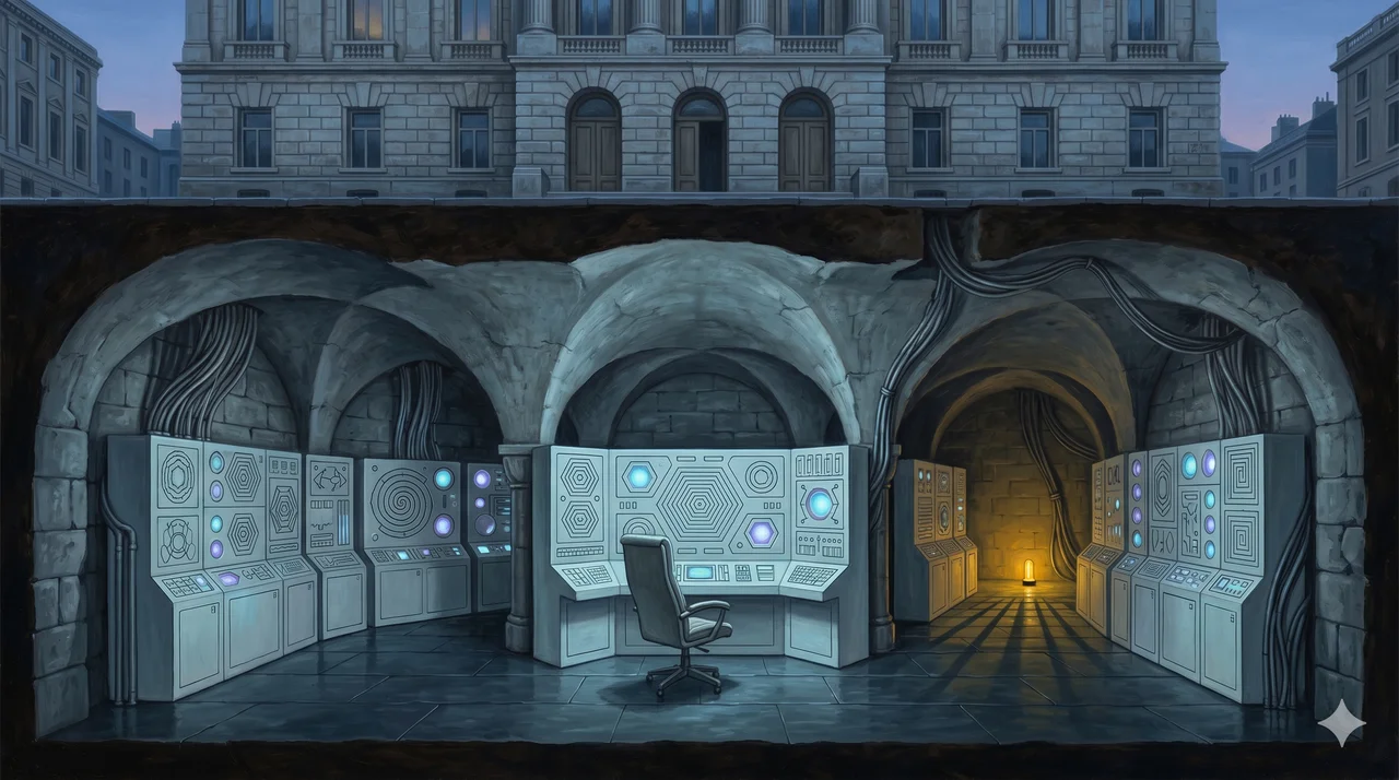 A dim underground vault beneath a classical stone facade, where pale non-human computer panels pulse with unfamiliar geometry and an empty engineer's chair sits before them