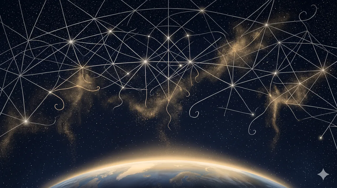 A fading lattice of silver communication lines dissolving into golden dust against a darkened starfield, with Earth visible at the lower edge beginning to brighten