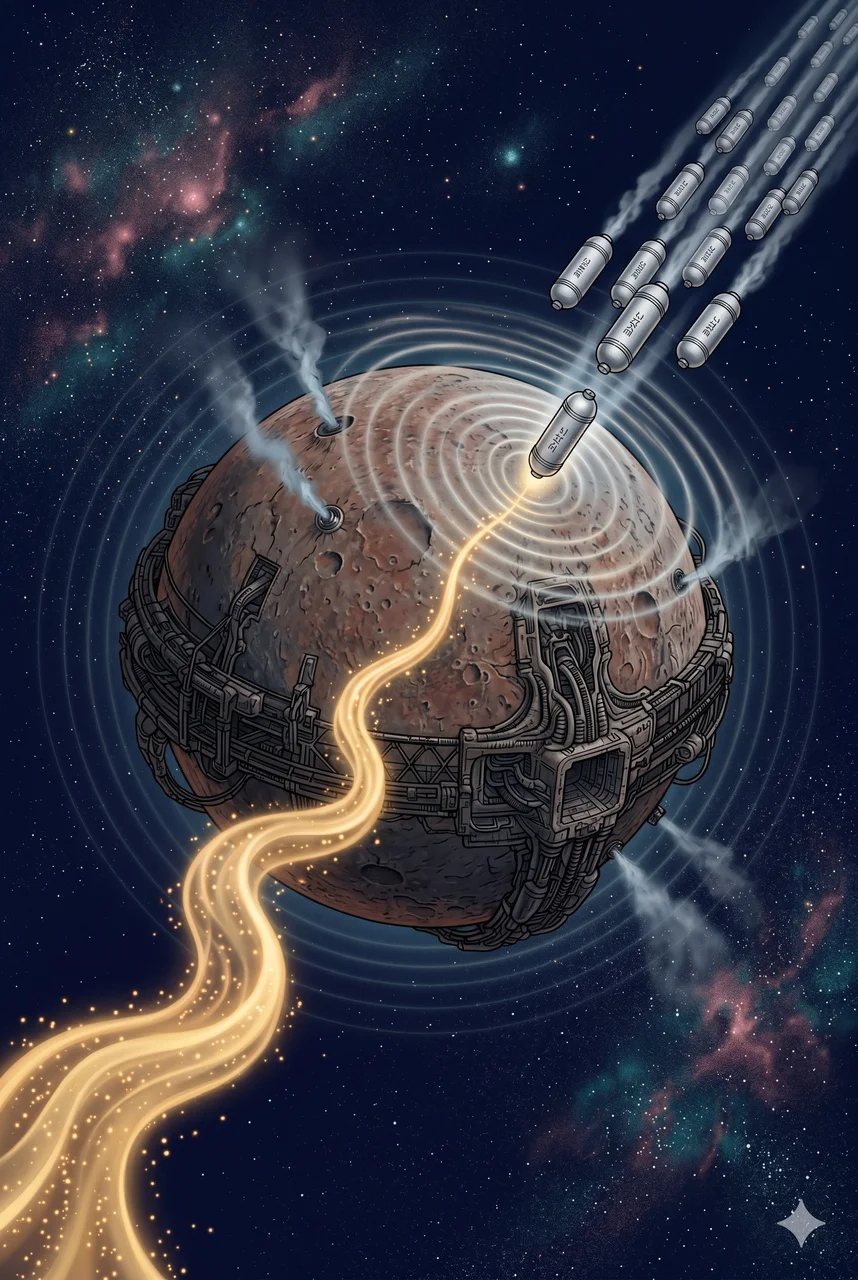 Planet Mercury rendered as an industrial hub, with golden streams of loosh flowing inward and silver pressurized canisters of manufactured time flowing outward into starfields