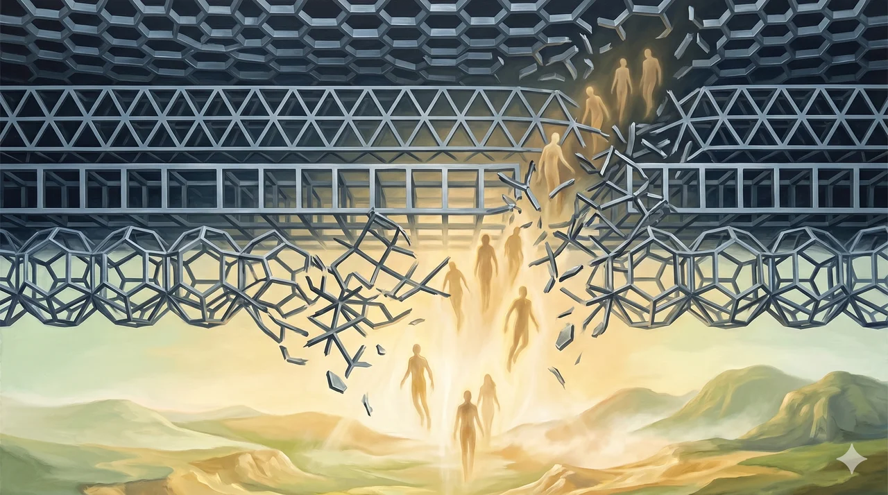 Layered artificial densities rendered as collapsing geometric lattices, semi-transparent human-shaped figures drifting out of the collapse into a bright organic Source-lit space beneath