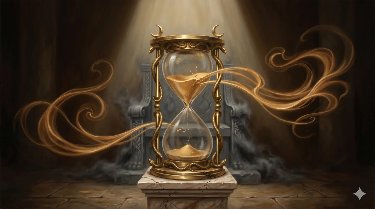 A colossal hourglass with golden sand refusing to fall, the sand transforming midair into flowing currents of light, a darkened empty throne dissolving behind it