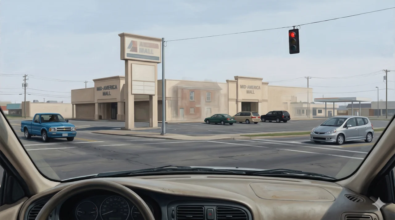 A suburban intersection at a red light, a shopping mall across the street rendered partially transparent and slightly shifted in position against its own shadow