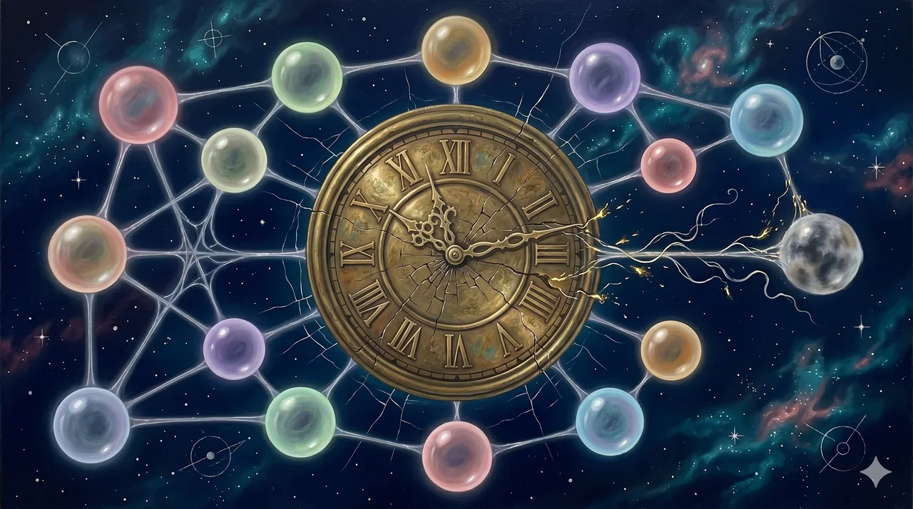 A massive clock face cracking in reverse over a starfield, with spherical simulation-bubbles connected by faintly glowing pathways, the central pathway beginning to fray