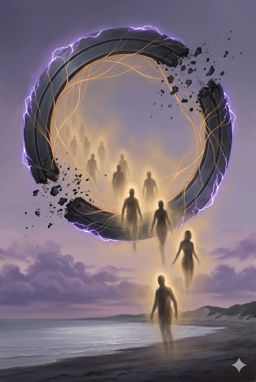 A dark portal ring collapsing inward as golden Source-connected filaments weave through the dissolving structure, with indistinct human-shaped silhouettes spilling outward into a dim coastal horizon