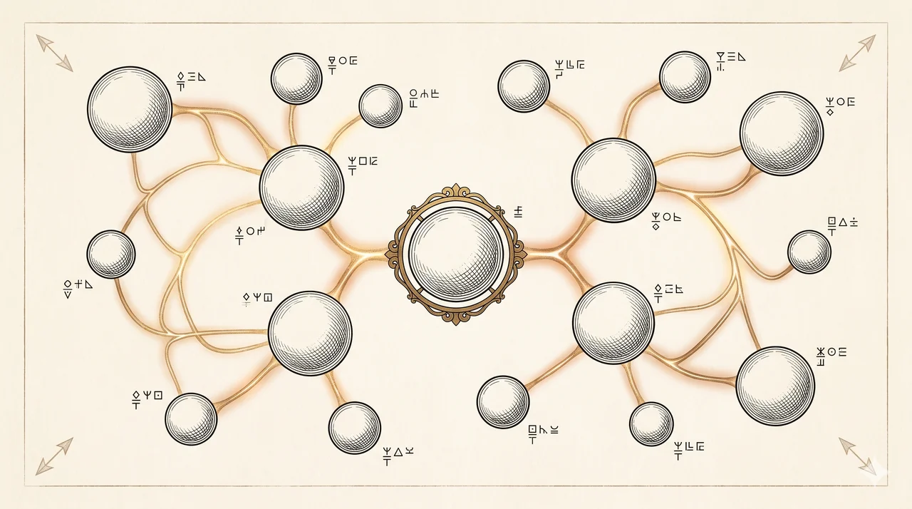 A whiteboard-style diagram of spherical simulation bubbles connected by luminous vein-like pathways, each marked with precise coordinate glyphs, a central sphere labeled as the current timeline