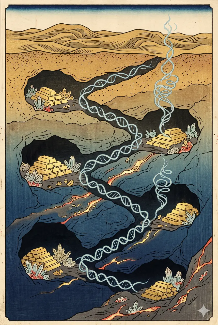Stylized cross-section of underground vaults holding gold bars and minerals, sealed by glowing DNA-strand locks