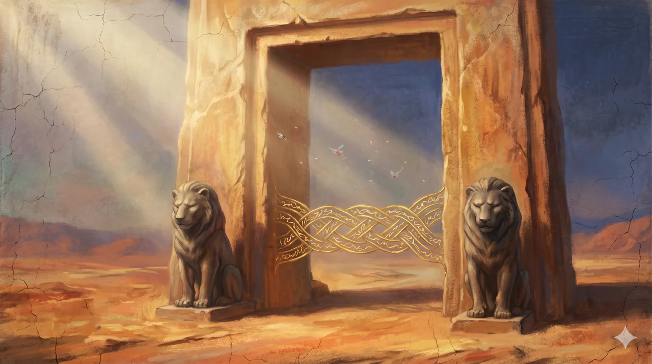 Ancient stone gateway flanked by two stylized lions, glowing with August sunlight but crossed by a closed golden seal