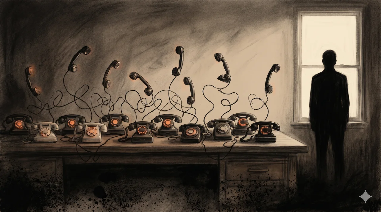 A desk covered in ringing rotary phones with receivers lifting themselves, while a single silhouette stands calmly at the window