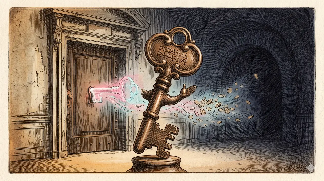 Conceptual image of a locked door labeled Federal Reserve with a single key held up by a man in a suit, while another key quietly unlocks the same door from behind