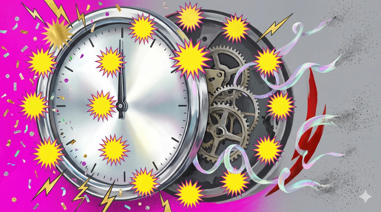 Stylized countdown clock face showing zero, surrounded by Ginzu-knife infomercial graphics and promotional starbursts