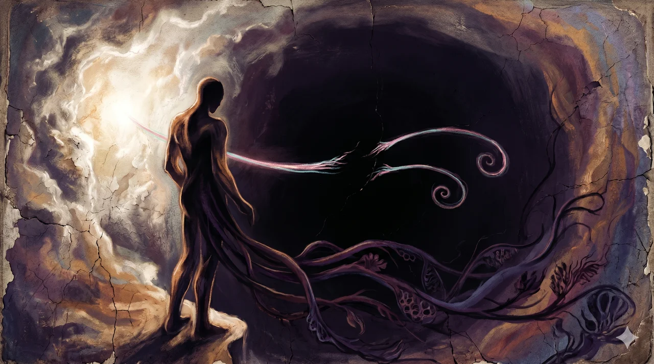 A solitary figure standing at the edge of a vast void, severed from a distant luminous source by a broken thread of light