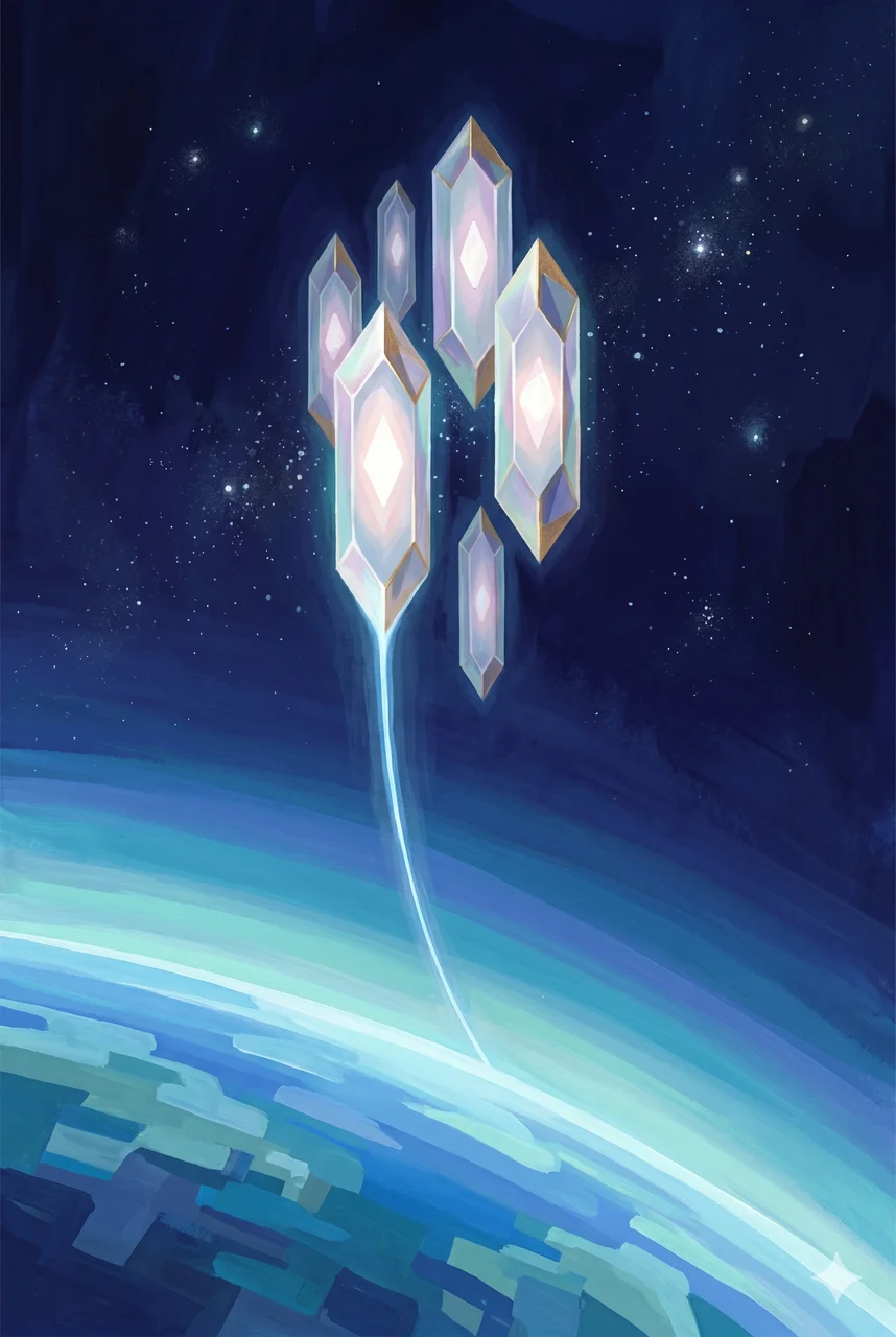 A portrait-oriented painting of luminous non-human figures arriving at Earth's orbital threshold, with a single open communication channel glowing between them