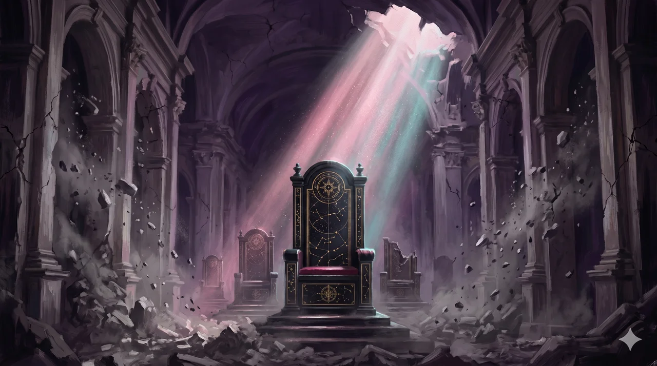 An ornate galactic throne sitting empty inside a collapsing dark structure, with thrones receding into the background