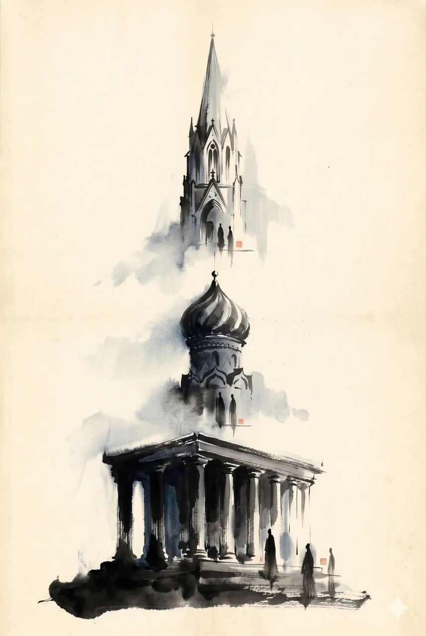 A portrait-oriented stylized rendering of stone institutional architecture (cathedrals, temple domes) with shadowy figures standing at the margins