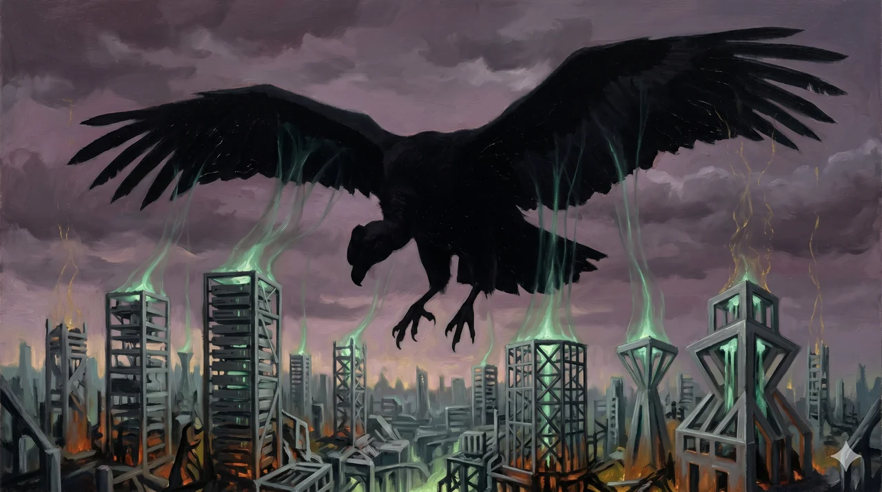A dark mythological image of a condor-like silhouette hovering over the fading outlines of mechanical AI structures, absorbing their glow into a void