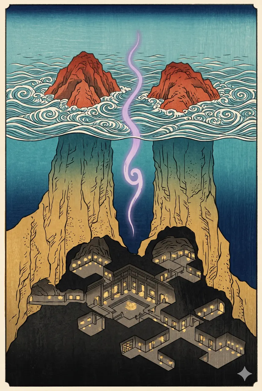 A portrait-oriented diagrammatic painting of two small islands flanking a vertical line labeled 'international date line', with a subterranean base spanning both beneath the sea floor