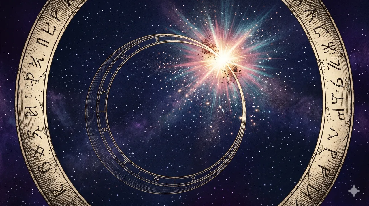 A stylized cosmic diagram showing two circular cycles intersecting at a single moment, one small and annual, one vast and rare, with a bright convergence point where they overlap