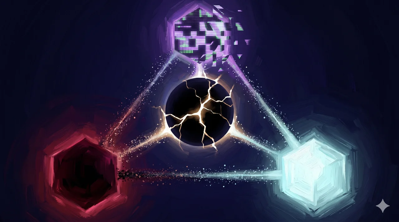 A schematic of three glowing nodes connected in a triangle: one dark node labeled Washington DC, one pale node labeled Kremlin, one data-relay node labeled Diomedes, all feeding into a central black core