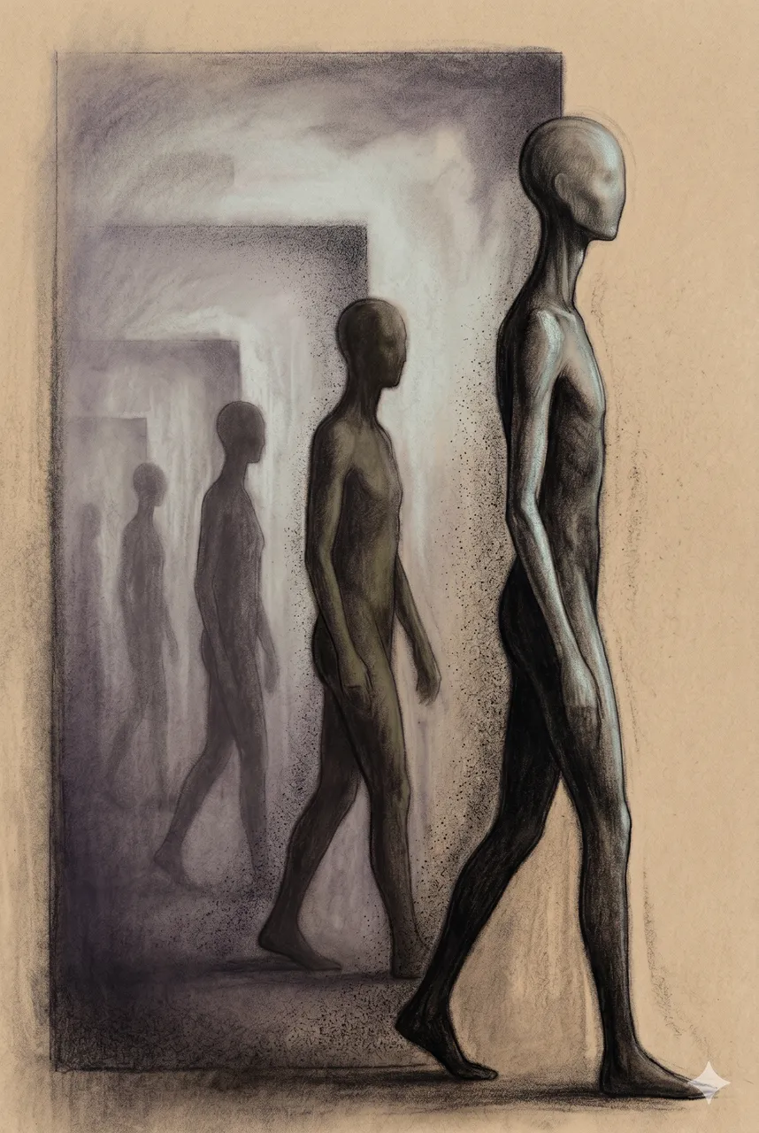 A portrait-oriented stylized rendering of a silhouetted operative in profile, physical proportions subtly distorted, emerging from layered shadows