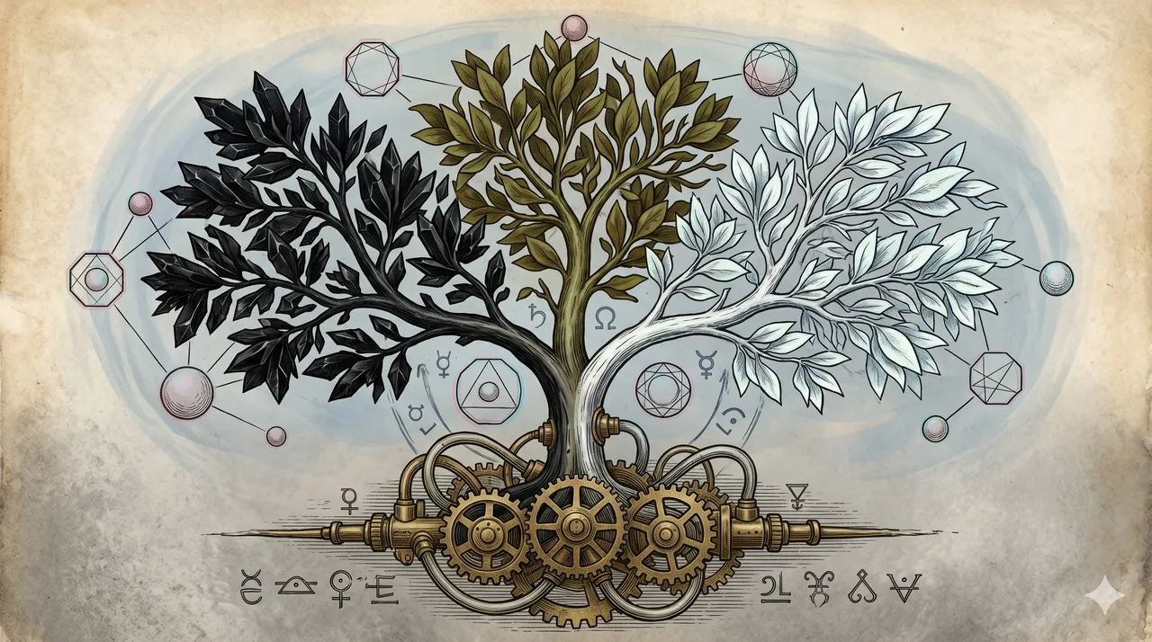 A stylized diagram of a triple-branched artificial tree, one dark branch, one false-light branch, one neutral mixed branch, rising from a mechanical root that replaces a natural soil