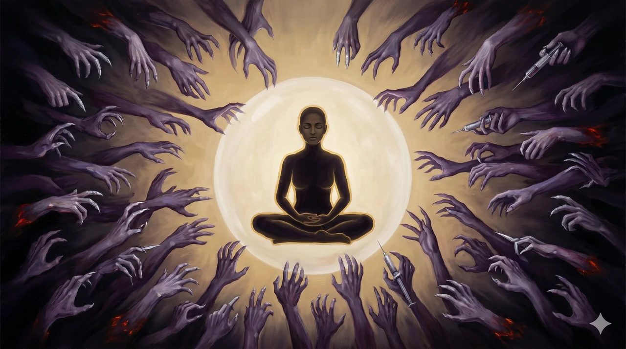 A stylized portrait of a single seated guardian figure surrounded by a dense swirl of shadow-hands reaching in, her posture unbroken and her outline holding a quiet gold