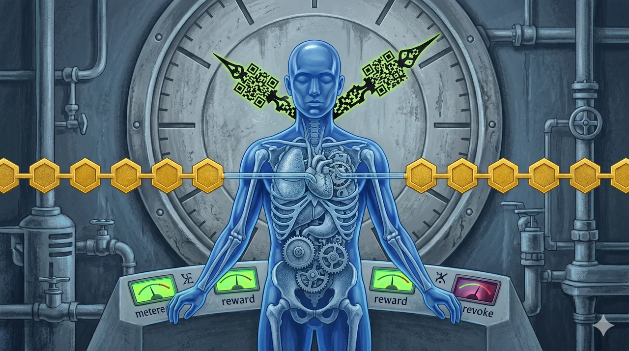 A stylized diagram of a human silhouette wired into a clock face and a chain of crypto tokens, showing behavior metered into currency in real time