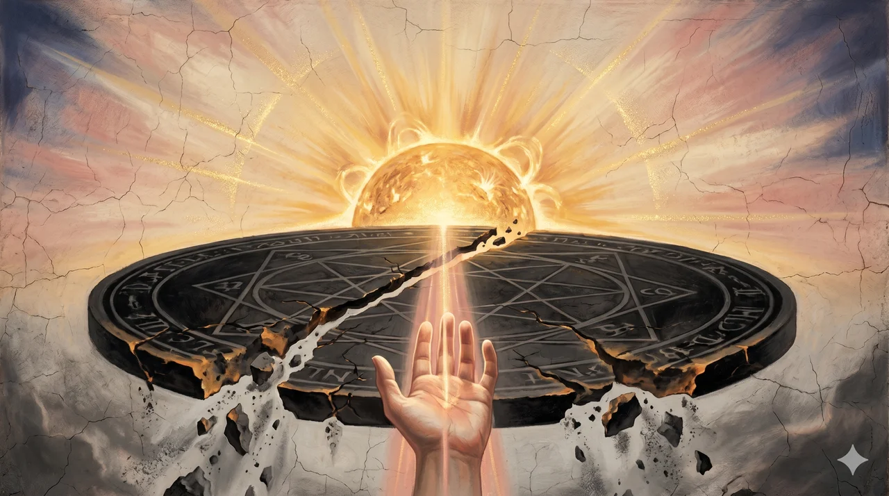 A stylized symbolic painting of a withering dark seal fracturing along a horizon line as a warm living sun rises behind it, a single open hand receiving the gold light