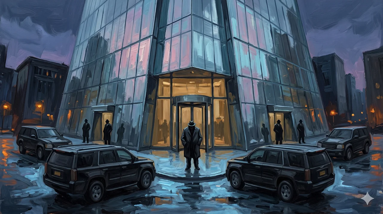 A stylized illustration of a lone figure standing before a glass banking tower at dusk while black vehicles converge, showing the silent freeze of a door that will not open