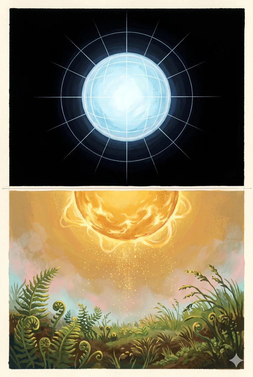 A portrait-oriented diptych painting, the upper half a cold blue plasma sphere hanging in black void, the lower half a warm living sun breathing gold into a field of organic growth