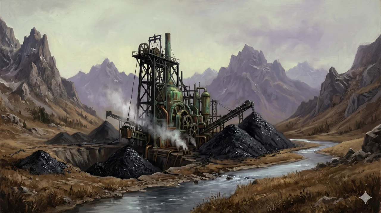 A stylized painting of a mountainous valley holding an industrial rig pulling black-gold veins from the earth, a dead sheen replacing any luminous warmth