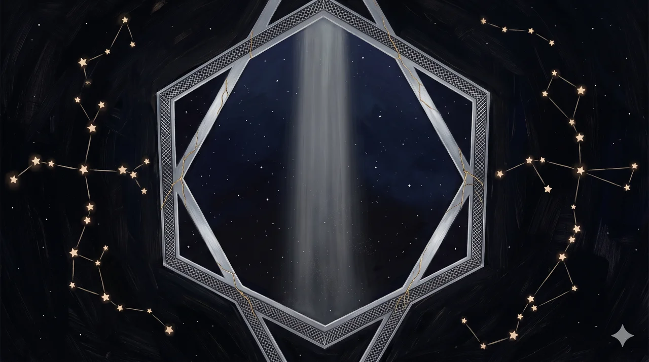 A stylized painting of a cosmic alignment gate opening once every ten years, with a cold geometric aperture fracturing against a deeper sky, the frame emptied of any arriving power