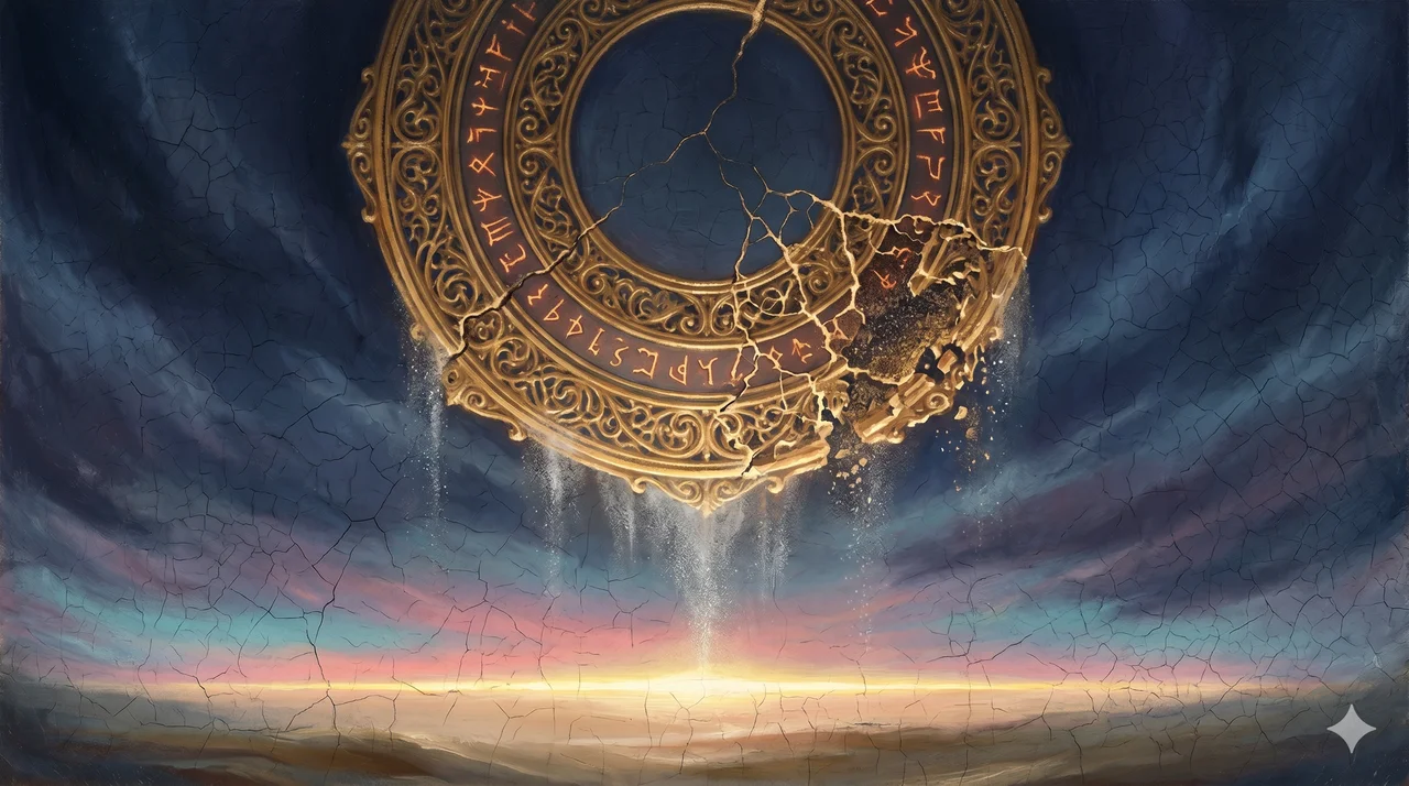 A stylized symbolic painting of a cracked celestial seal over a horizon, a thin line of dawn rising underneath, a three-step fracture propagating outward across a dark vaulted sky