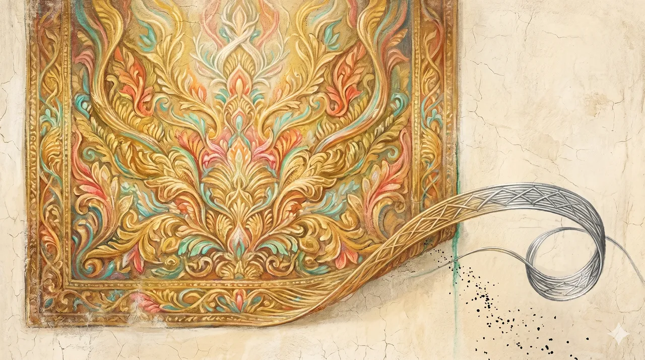 A stylized allegorical painting of a single luminous thread peeling away from a larger woven tapestry of creation, its colors cooling into a metallic false light as it tries to weave itself alone