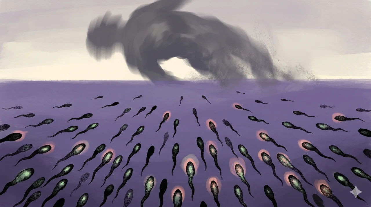 A stylized allegorical painting of a field of small shadow-parasites thrashing in a last feed as a larger looming master figure collapses above them, warm body-light pushing back against the cold motion