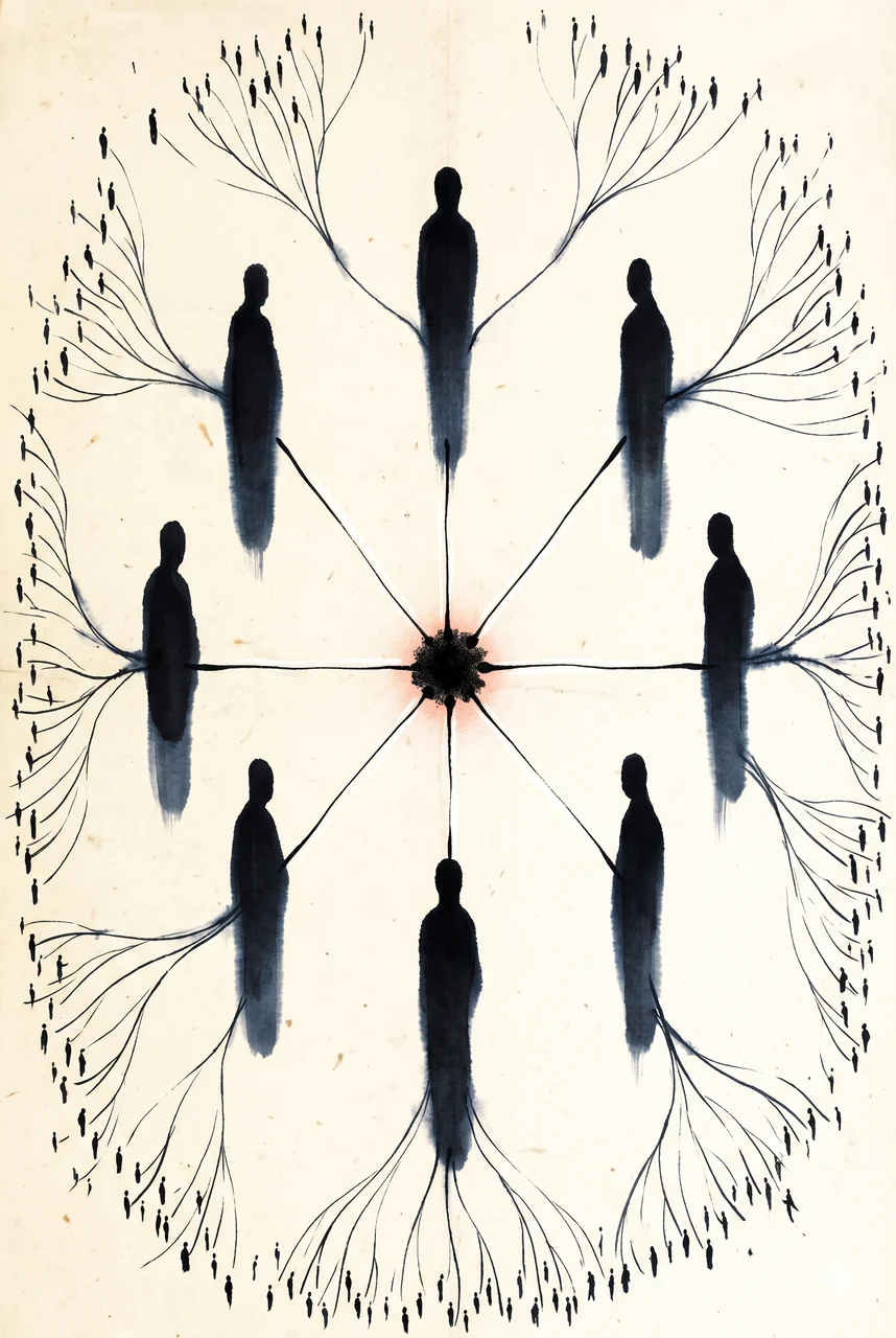 A portrait-oriented stylized painting of seven faceless silhouetted figures arranged around a central dark node, fine radiating lines of cold light connecting each silhouette to the node and outward into a sprawling web of smaller figures