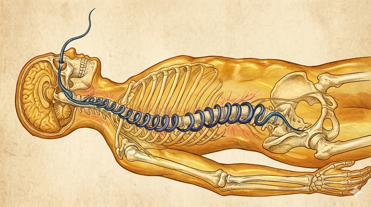 A stylized anatomical illustration of a serpentine filament of shadow entering through the pupil and wrapping around a translucent spinal column, rendered in cold blues against a warm organic body outline