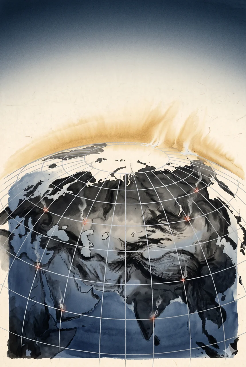 A portrait-oriented stylized painting of a vast luminous grid overlaying the Earth from orbit, with the intersection points flickering out one by one as warm living light rises from below to replace the cold geometric lattice