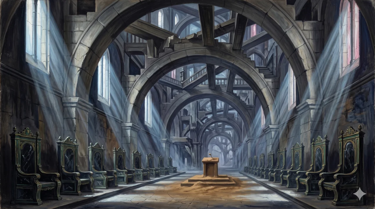 A stylized allegorical painting of a vast coven meeting hall with empty thrones lit from above, cold architectural light falling on vacant seats where a dark hierarchy once gathered