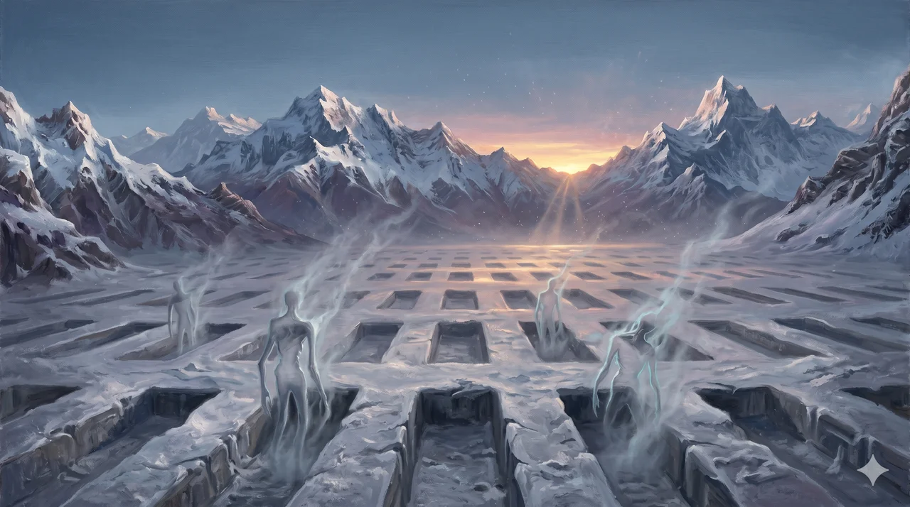 A stylized allegorical painting of a high Himalayan plateau with empty stone niches where cloned vessels were stored, faint outlines of deformed half-human shapes dissolving into cold mountain air as warm dawn light breaks across the range