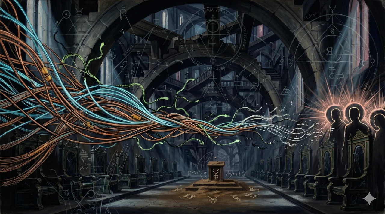 A stylized painting of thin parasitic filaments trying to climb along copper wires and fibre-optic strands into human silhouettes, the filaments dimming and unravelling before they reach their targets, cold light pressing them back