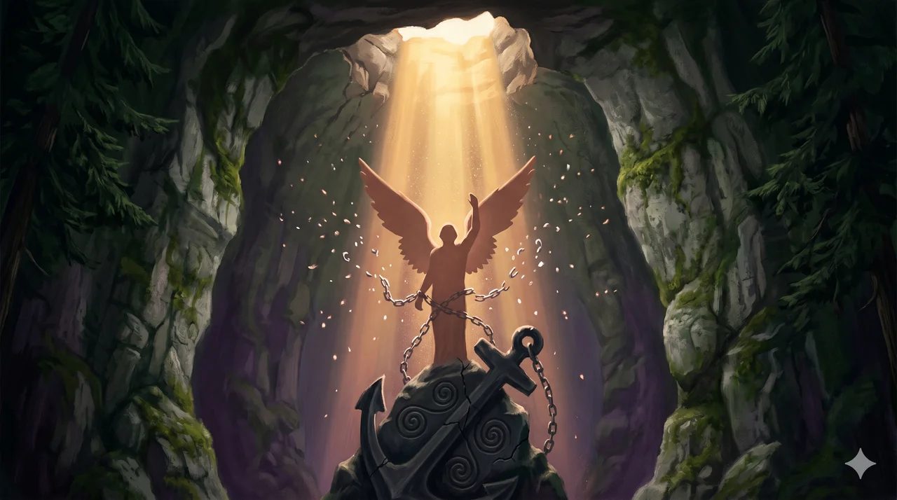 A stylized allegorical painting of a tall angelic figure shackled to a dark anchor stone deep beneath a pine-covered forest, warm light breaking the chains as the figure rises and returns upward toward a Source-lit opening