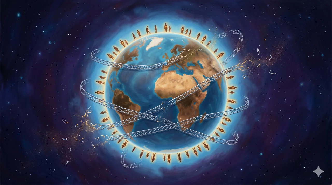 A stylized allegorical painting of Earth viewed from space wrapped in faint chains and overlay grids, with warm human silhouettes held behind the cold geometric lattice as the chains begin to loosen
