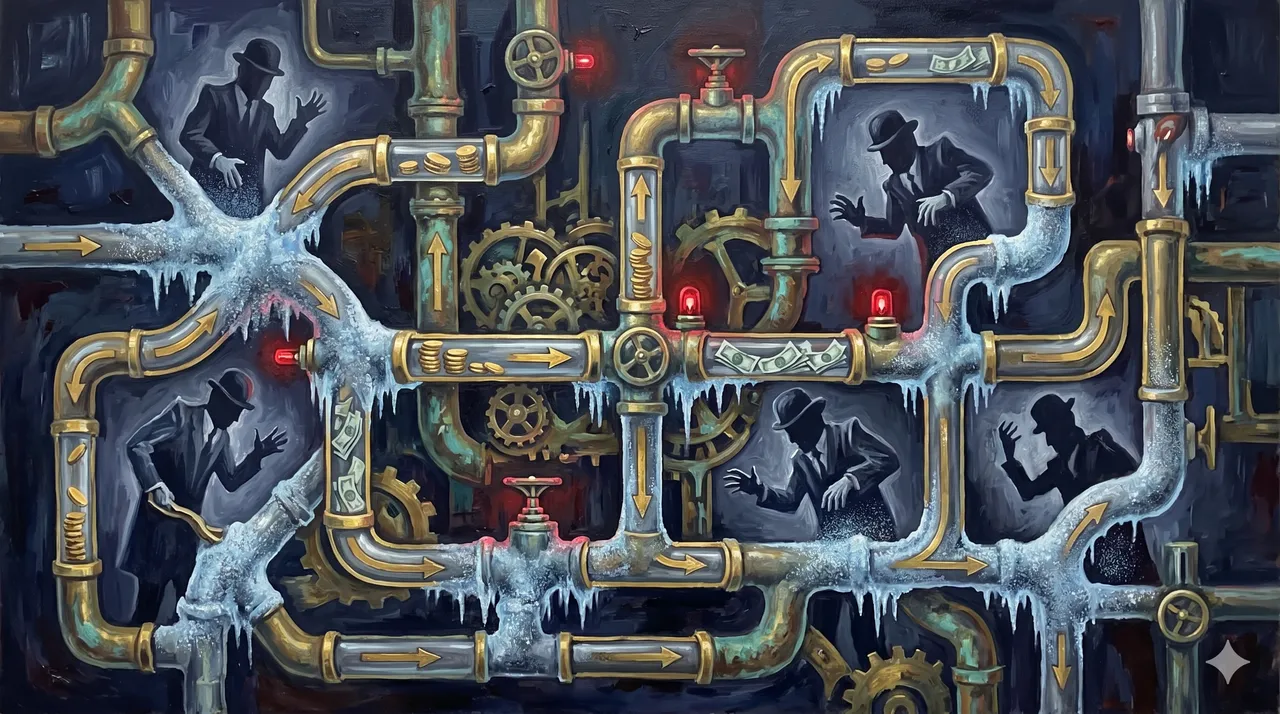 A stylized allegorical painting of a dark financial network of figures and money flows freezing mid-transfer, cold blue light spreading through the channels as the arteries of capital seize up