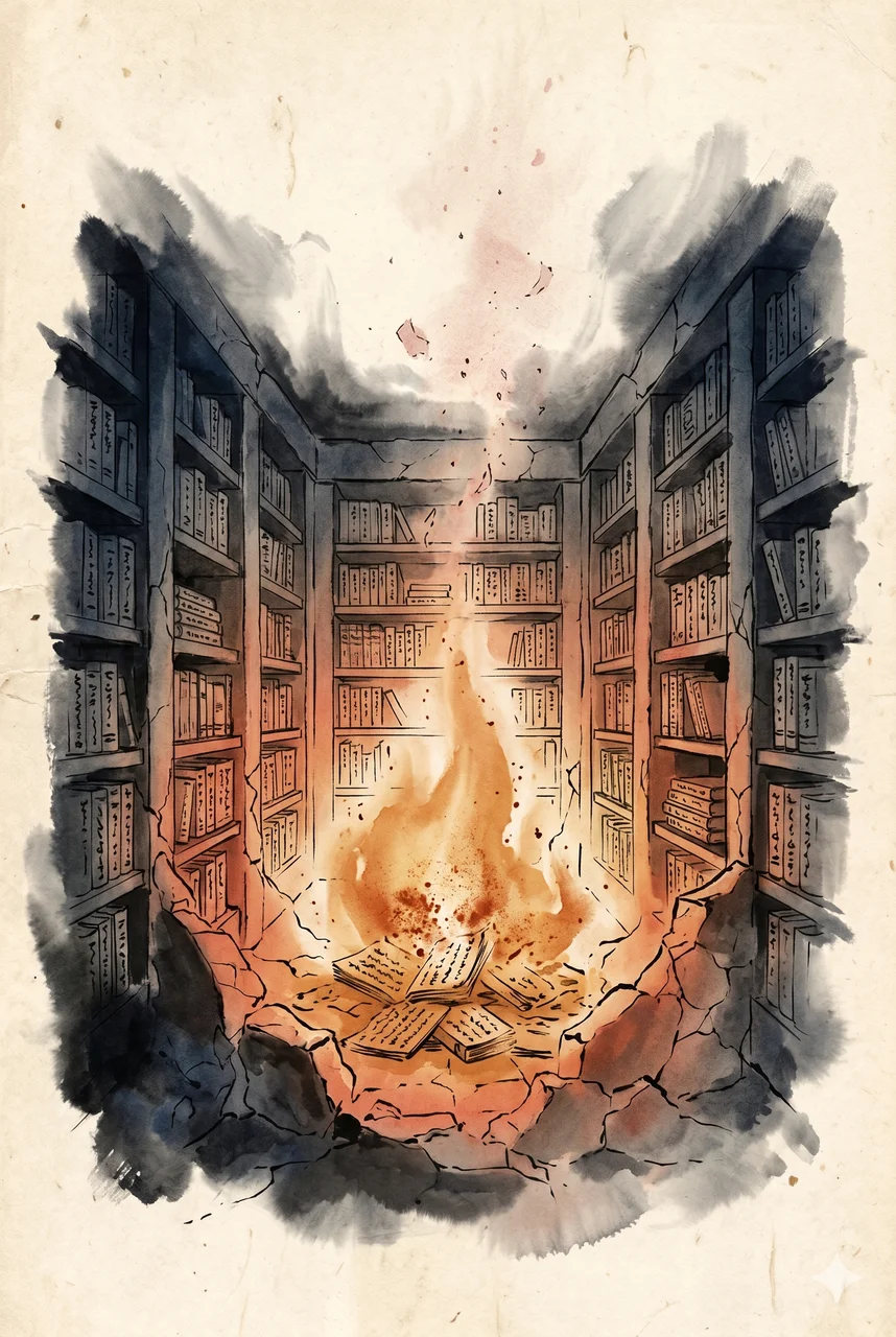 A portrait-oriented stylized painting of a vast underground archive of shelves and tablets burning from within with warm light, cold stone walls crumbling as the torture records of planet Earth are erased